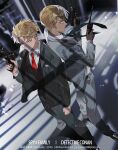  2boys amuro_tooru back-to-back bangs belt black_footwear blonde_hair brown_belt closed_mouth collared_shirt formal full_body green_eyes grey_suit gun handgun highres holding holding_gun holding_weapon kidkuroba4869 long_sleeves male_focus meitantei_conan multiple_boys pistol pocket_square red_tie revolver shirt short_hair spy_x_family standing suit twilight_(spy_x_family) vest walkie-talkie weapon white_shirt wind wind_lift 