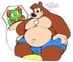  2019 anthro banjo-kazooie banjo_(banjo-kazooie) belly big_belly blush bodily_fluids boot_(artist) bottomwear brown_body brown_fur bulge chameleon clothed clothing cutoffs deep_navel denim denim_clothing dialogue duo english_text flustered fur green_body green_scales head_tuft jewelry larger_male lizard male male/male mammal navel necklace offscreen_character on_lap overweight overweight_male pecs playtonic_games rareware reptile scales scalie shorts simple_background sitting sitting_on_lap size_difference smaller_male sweat sweatdrop text topless tuft ursid video_games white_background yellow_body yellow_scales yooka yooka-laylee 