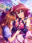  2girls blue_eyes breasts brown_hair collarbone confetti detached_sleeves fingerless_gloves flower gloves hair_between_eyes hair_flower hair_ornament highres long_hair maruzensky_(umamusume) medium_breasts medium_hair multiple_girls official_art racetrack ribbon sakura_chiyono_o_(umamusume) school_uniform sky tracen_school_uniform umamusume 