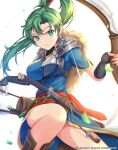  1girl absurdres arrow_(projectile) blue_shirt boots bow_(weapon) brown_footwear cowboy_shot earrings elbow_gloves fire_emblem fire_emblem:_the_blazing_blade fire_emblem_heroes fletching gloves green_eyes green_hair high_ponytail highres jewelry knee_boots leaf long_hair looking_at_viewer lyn_(fire_emblem) nintendo petals quiver ryo-suzuki shirt smile solo sword thighs twitter_username weapon web_address white_background 