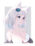  1girl andychen animal_ear_fluff animal_ears bangs bare_shoulders bikini blue_eyes breasts cleavage d-pad d-pad_hair_ornament fox_ears fox_girl hair_between_eyes hair_ornament halterneck highres indie_virtual_youtuber large_breasts looking_away medium_hair mizuki_(vtuber) parted_lips revision solo swimsuit upper_body virtual_youtuber white_bikini white_hair 