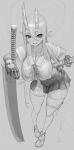  1girl breasts broken_horn cleavage collarbone fang gloves grey_background greyscale hair_between_eyes hand_on_hip highres hiragana_oufu horns katana knife kunai leaning leaning_forward leaning_on_object long_hair looking_at_viewer lower_teeth mole mole_under_mouth monochrome oni oni_horns open_mouth original planted planted_knife planted_sword pointy_ears ribbon scabbard school_uniform serafuku sheath sheathed shoes simple_background sketch skin_fang skirt slit_pupils smile sneakers solo sword teeth thigh_strap thighhighs unfinished uniform weapon 
