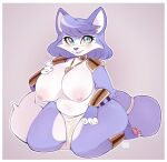  anthro areola big_areola big_breasts big_nipples blue_body blue_eyes blue_fur blue_hair blush breasts canid canine clothed clothing female fox fur hair hi_res kneeling krystal mammal nintendo nipples pawpads paws punkinbuu simple_background smile solo star_fox thick_thighs topless video_games white_body white_fur wide_hips 