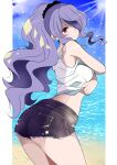  1girl alternate_costume alternate_hairstyle ass beach blue_shorts blue_sky brown_eyes camilla_(fire_emblem) closed_mouth cloud commentary_request contemporary day denim eyebrows_visible_through_hair fe135700 fire_emblem fire_emblem_fates hair_over_one_eye highres long_hair looking_at_viewer one_eye_covered pillarboxed pocket ponytail purple_hair sand shirt short_shorts shorts sky sleeveless sleeveless_shirt smile solo sunlight undressing very_long_hair water wavy_hair white_shirt 