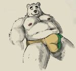  2022 anthro belly big_belly bulge censlas clothing eyes_closed hi_res male mammal moobs navel nipples overweight overweight_male solo underwear ursid 