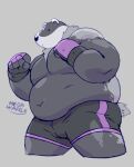  2022 anthro badger belly big_belly black_body black_eyes black_nose bottomwear clothing dot_eyes grey_body hi_res humanoid_hands male mammal megawaffle_(artist) moobs mustelid musteline navel overweight overweight_male shorts simple_background solo 
