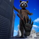  anthro balls city feet foot_focus genitals gesture guardians_of_the_galaxy hi_res looking_at_viewer macro male mammal marvel open_mouth paws penis pointing pointing_at_viewer procyonid raccoon rocket_raccoon solo tawzy 
