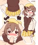  1girl bangs blush bow brown_eyes brown_hair dress eyebrows_visible_through_hair fellatio highres kita_hinako long_sleeves looking_at_viewer multiple_views open_mouth oral pongldr short_hair signature smile squatting tagme teasing twitter_username 