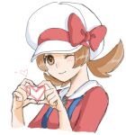  1girl asuka_rkgk blush bow brown_eyes brown_hair closed_mouth commentary hat hat_bow heart heart_hands looking_at_viewer low_twintails lyra_(pokemon) medium_hair one_eye_closed pokemon pokemon_(game) pokemon_gsc red_bow red_shirt shirt sidelocks simple_background sketch smile solo suspenders twintails upper_body white_background white_headwear 
