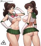  1girl artist_logo ass bangs bishoujo_senshi_sailor_moon breasts brown_hair cameltoe commentary donburi_(donburikazoku) elbow_gloves english_commentary from_behind gloves green_eyes high_ponytail highres kino_makoto large_breasts long_hair looking_at_viewer looking_back microskirt miniskirt multiple_views navel open_mouth panties parted_bangs patreon_logo patreon_username pleated_skirt sailor_collar sailor_jupiter shirt simple_background skirt smile teeth thighs underboob underbutt underwear upper_teeth web_address white_gloves white_panties white_shirt 
