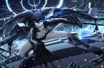  1girl absurdres arm_support bikini bikini_top_only black_hair black_rock_shooter black_rock_shooter_(character) blue_eyes highres holding holding_weapon long_hair shorts solo swimsuit tokyo_(1421) very_long_hair weapon 