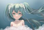  1girl absurdres aqua_eyes aqua_hair bare_shoulders breasts bride chinese_commentary cleavage commentary_request earrings fishnet_top fishnets floating_hair hatsune_miku highres jewelry lips long_hair looking_at_viewer midori_xu parted_lips simple_background solo twintails upper_body vocaloid 