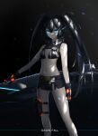  1girl absurdres bikini bikini_top_only black_hair black_rock_shooter black_rock_shooter:_dawn_fall black_rock_shooter_(character) blue_eyes gloves highres long_hair shorts solo standing swimsuit tokyo_(1421) twintails very_long_hair 