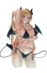  1girl :q absurdres arm_up armpits bangs bikini black_nails blonde_hair blush breast_tattoo breasts bust_cup cleavage cowboy_shot cropped_legs demon_horns demon_tail demon_wings green_eyes halterneck hand_in_own_hair highres hololive horns large_breasts long_hair looking_at_viewer mouth_hold multicolored_hair nail_polish navel pink_hair pointy_ears side-tie_bikini simple_background snarkhunt solo standing stomach streaked_hair string_bikini swimsuit tail tattoo tongue tongue_out very_long_hair virtual_youtuber water wet white_background wings yuzuki_choco 