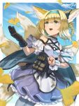  1girl :d animal_ear_fluff animal_ears apron arknights bangs bare_shoulders black_gloves blonde_hair braid breasts commentary_request cowboy_shot day dutch_angle eyebrows_visible_through_hair fox_ears fox_girl fox_tail frilled_skirt frills ginkgo_leaf gloves green_eyes grey_legwear hair_between_eyes hair_rings highres kitsune looking_away looking_to_the_side memetaroh pantyhose pleated_skirt purple_skirt shirt single_glove skirt small_breasts smile solo suzuran_(arknights) tail teeth twin_braids upper_teeth waist_apron white_apron white_shirt 