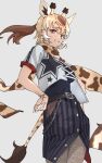  1girl absurdres animal_ears bangs belt blonde_hair bracelet brown_eyes brown_hair chain commentary cowboy_shot extra_ears giraffe_ears giraffe_horns giraffe_print giraffe_tail grey_background hair_between_eyes hand_on_hip highres hip_vent horns jewelry kemono_friends looking_at_viewer masai_giraffe_(kemono_friends) multicolored_hair panties panty_pull parted_lips ponytail print_scarf scarf short_sleeves simple_background smile solo tail tanabe_(fueisei) two-tone_hair underwear 