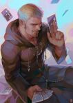  1boy alejandro_tio artist_logo beard biceps blonde_hair blue_eyes card coat ear_piercing earrings facial_hair highres hood hooded_coat hoodie jewelry kingdom_hearts long_sideburns looking_at_viewer luxord male_focus manly mature_male muscular muscular_male pants pectorals piercing short_hair sideburns sitting smirk solo spiked_hair tight zipper 