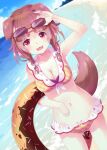  1girl 54hao :3 animal_ears arm_up armpits bangs bare_arms bare_shoulders bikini blue_sky braid breasts brown_bikini brown_hair cleavage cloud collarbone day dog_ears dog_girl dog_tail dutch_angle eyebrows_visible_through_hair eyewear_lift hair_between_eyes highres hololive horizon innertube inugami_korone lifted_by_self medium_breasts navel ocean outdoors plaid plaid_bikini red-framed_eyewear red_eyes sky solo sunglasses swimsuit tail twin_braids vita water 