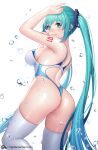  1girl alternate_breast_size arm_up ass backless_swimsuit bare_shoulders blue_eyes blue_hair breasts competition_swimsuit cowboy_shot from_behind hand_on_own_cheek hand_on_own_face hatsune_miku highleg highleg_swimsuit highres jurrig large_breasts leg_up long_hair looking_at_viewer looking_back medium_breasts one-piece_swimsuit shoulder_tattoo skindentation smile solo swimsuit tattoo thighhighs thighs twintails very_long_hair vocaloid water wet wet_clothes wet_hair wet_legwear wet_swimsuit white_legwear 
