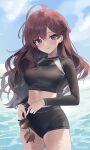  1girl ahoge bangs banned_artist black_swimsuit blue_eyes blue_sky blush breasts brown_hair hair_between_eyes highres ichinose_shiki idolmaster idolmaster_cinderella_girls long_hair looking_at_viewer sake_dong sky solo standing sunglasses swimsuit water 