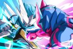  2boys aqua_background aura battle brothers clenched_hand face-to-face fighting gloves highres holy_live kamen_rider kamen_rider_live kamen_rider_revi kamen_rider_revice kamen_rider_ultimate_revi livegun miyabi_(037) multiple_boys pink_background pink_gloves punching siblings upper_body visor visor_(armor) wing_genome 