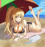  1girl absurdres ahoge ass bare_arms bare_legs bare_shoulders barefoot beach beach_mat beach_umbrella between_breasts bikini black_bikini blonde_hair breasts cleavage closed_mouth day detached_collar fakey feet highres large_breasts legs_up long_hair looking_at_viewer lotion_bottle lying multi-strapped_bikini necktie ocean on_stomach original outdoors ponytail sidelocks smile solo strap_slip string_bikini swimsuit the_pose thighs umbrella very_long_hair wrist_cuffs yellow_eyes 
