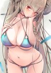  1girl azur_lane bikini blush braid breasts choker cleavage closed_mouth covered_nipples falling_feathers formidable_(azur_lane) formidable_(the_lady_of_the_beach)_(azur_lane) grey_hair hand_on_own_cheek hand_on_own_chest hand_on_own_face head_tilt highres large_breasts leaning_forward long_hair looking_at_viewer multi-strapped_bikini navel official_alternate_costume p.i.t.d red_choker red_eyes skindentation solo stomach string_bikini swimsuit very_long_hair 