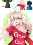  2girls absurdres animal_ears beckoning bell big_hair black_bra blush bra breasts captain_(kemono_friends) choker cleavage closed_mouth clothes_writing commentary esuyukichin facing_another green_hoodie heart highres hood hoodie huge_breasts kemono_friends kemono_friends_3 lion_ears lion_girl long_hair long_sleeves looking_at_viewer multiple_girls neck_bell off-shoulder_sweater off_shoulder official_alternate_costume open_hand outstretched_arm outstretched_hand plaid_trim pointing reaching_out red_shirt shirt short_hair smile solo_focus spread_fingers strap_slip sweatdrop sweater tree unaligned_breasts underwear white_hair white_lion_(kemono_friends) 