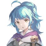  1girl :o bangs blue_hair braid cape earrings eyebrows_visible_through_hair fire_emblem fire_emblem_heroes highres jewelry long_hair looking_at_viewer mutomorokoshi open_mouth ponytail purple_cape reginn_(fire_emblem) solo twitter_username upper_body white_background yellow_eyes 
