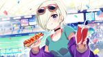  1girl :q absurdres aqua_shirt audience baseball_stadium black_choker blonde_hair blush breasts choker commentary confetti cup disposable_cup drink drinking_straw earclip eyebrows_behind_hair eyewear_on_head food hair_over_one_eye hara_yui highres holding holding_drink holding_food hot_dog indoors jacket ketchup licking_lips looking_at_viewer love_live! love_live!_nijigasaki_high_school_idol_club medium_breasts mia_taylor mustard off_shoulder open_clothes open_jacket purple_eyes purple_jacket shirt short_hair solo t-shirt teardrop_necklace tongue tongue_out 