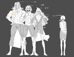  4boys abs alchemy_stars bangs bare_shoulders barefoot barton_(alchemy_stars) bathrobe beard censored censored_nipples charon_(alchemy_stars) facial_hair full_body gram_(alchemy_stars) greyscale hands_on_hips height_chart highres kohodn long_hair looking_at_viewer male_focus monochrome multiple_boys naked_towel navel scar scar_across_eye scar_on_arm scar_on_chest shaded_face short_hair smile sparkle standing topless_male towel towel_on_one_shoulder white_dwarf_(alchemy_stars) 