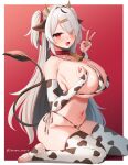  1girl animal_ears animal_print bare_shoulders bell bikini breasts bridal_gauntlets cleavage collar commentary_request cow_ears cow_girl cow_horns cow_print cow_tail cowbell eyes_visible_through_hair from_side gradient gradient_background grey_hair hair_ornament hair_over_one_eye hairclip hands_up horns huge_breasts indie_virtual_youtuber kneeling long_hair looking_at_viewer marota marota_(vtuber) navel neck_bell open_mouth original red_background red_collar red_eyes side-tie_bikini sideboob smile swimsuit tail thighhighs thighs two_side_up underboob v virtual_youtuber 