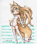  1girl :o ahoge animal_ear_fluff animal_ears bangs blue_eyes blush bra collarbone dated elbow_gloves flat_chest fox_ears fox_girl fox_tail full_body gloves groin hair_between_eyes kazekiri kitsune light_brown_hair long_hair looking_at_viewer lowleg lowleg_panties multiple_tails navel no_shoes original panties solo standing tail thighhighs traditional_media underwear very_long_hair white_bra white_gloves white_legwear white_panties 