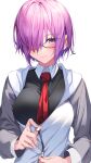  1girl absurdres bangs black_dress breasts dress fate/grand_order fate_(series) glasses grey_jacket hair_over_one_eye herigaru_(fvgyvr000) highres jacket large_breasts light_purple_hair long_sleeves looking_at_viewer mash_kyrielight necktie open_clothes open_jacket purple_eyes short_hair solo 