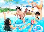  1girl 6+boys :o abs alcohol aqua_male_swimwear ball bangs bardock beach beachball beer beer_mug black_hair black_male_swimwear blue_male_swimwear closed_mouth cloud cloudy_sky cup dark-skinned_male dark_skin day dragon_ball dragon_ball_z food holding holding_food inflatable_dolphin inflatable_toy innertube kakipiinu king_vegeta long_hair looking_at_another male_swimwear monkey_tail mug multiple_boys muscular muscular_male navel one_eye_closed open_mouth orange_male_swimwear outdoors partially_submerged pectorals raditz saiyan seripa short_hair sky smile son_goku spiked_hair summer swim_briefs swimsuit tail tarble thighs toma_(dragon_ball) topless_male tullece vegeta water 