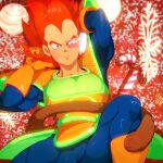  1boy alternate_hair_color armor blue_bodysuit bodysuit boots candy candy_cane chest_armor christmas closed_mouth cookie dragon_ball dragon_ball_z food glitter gloves looking_at_viewer male_focus monkey_tail orange_gloves saiyan_armor scouter short_hair snowflakes solo spiked_hair supobi tail thighs vegeta 