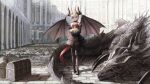  1girl bat_wings dragon dress heterochromia highres horns original outdoors red_eyes solo tail timitarcat wings yellow_eyes 