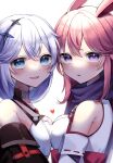  2girls :d :o animal_ears bangs bare_shoulders black_jacket blue_eyes dress fox_ears hair_ornament hairpin heart honkai_(series) honkai_impact_3rd jacket japanese_clothes kallen_kaslana kallen_kaslana_(sin_hunter) long_hair long_sleeves looking_at_viewer miko multiple_girls off_shoulder open_mouth pink_hair purple_eyes simple_background smile upper_body white_dress white_hair white_sleeves yae_sakura yae_sakura_(gyakushinn_miko) yukki_0125 yuri 