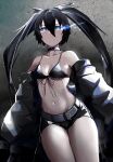 1girl absurdres bikini bikini_top_only black_hair black_rock_shooter black_rock_shooter_(character) blue_eyes highres long_hair looking_at_viewer mo_(this-is-mo) solo swimsuit very_long_hair 