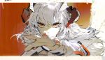  1girl arknights blurry depth_of_field fingernails hair_between_eyes highres horns looking_at_viewer medium_hair multiple_horns nail_polish nano_(c175311) orange_eyes perspective reaching_out red_nails saria_(arknights) serious simple_background solo white_hair 