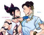  2girls anger_vein bangs black_hair blue_dress bracelet breasts chest_cutout china_dress chinese_clothes chun-li clenched_hand collar collar_grab double_bun dress earrings efd english_commentary english_text face-to-face fingerless_gloves gloves hair_bun hair_horns hair_ribbon han_juri hand_on_hip height_difference jewelry korean_text looking_at_another medium_breasts multiple_girls revealing_clothes ribbon short_hair spiked_bracelet spiked_collar spikes street_fighter street_fighter_6 translated vest yuri 