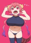  1girl black_legwear breasts claw_pose dragon_girl dragon_horns dragon_tail eyebrows_visible_through_hair highres horns huge_breasts ilulu_(maidragon) kobayashi-san_chi_no_maidragon looking_at_viewer open_mouth osame panties pink_background pointy_ears sharp_teeth shortstack skindentation slit_pupils solo string_panties tail teeth thighhighs underwear yellow_horns 