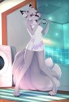  &lt;3 9_tails anthro canid canine detailed_background female fox fur grey_body grey_fur hi_res inner_ear_fluff mammal multi_tail paws purple_eyes rednroge shower shy solo towel towel_only tuft 