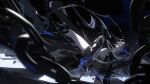  1girl bikini bikini_top_only black_hair black_rock_shooter black_rock_shooter_(character) blue_eyes chain comb_(suz) highres long_hair solo swimsuit very_long_hair 