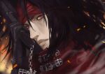  1boy black_gloves black_hair chain expressionless fadingz final_fantasy final_fantasy_vii gloves gun handgun holding holding_gun holding_weapon long_hair looking_at_viewer male_focus pistol pixiv_id red_eyes signature vincent_valentine weapon 