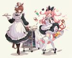  2girls agnes_digital_(umamusume) agnes_tachyon_(umamusume) ahoge alternate_costume animal_ears apron bangs beaker black_dress black_footwear boots bow brown_footwear brown_hair closed_mouth crossed_legs dress enmaided erlenmeyer_flask flask food full_body gloves hair_bow heart holding holding_tray horse_ears horse_girl horse_tail ketchup long_hair long_sleeves looking_at_viewer maid maid_apron maid_headdress mary_janes medium_hair milkshake multiple_girls omurice open_mouth petticoat pink_hair serving_cart shadow shoes simple_background smile standing tail teapot test_tube thighhighs tray two_side_up umamusume welchino white_gloves white_legwear wrist_cuffs 