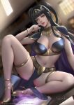  1girl arm_support artist_name bangs black_hair blurry blurry_background bodystocking bodysuit bracelet breasts cape cleavage collar commentary day fire_emblem fire_emblem_awakening gold_trim grey_eyes hand_up high_heels indoors jewelry light light_particles lips loincloth long_hair looking_at_viewer medium_breasts navel pelvic_curtain sade_abyss shiny shiny_hair short_twintails signature simple_background sitting skin_tight stomach tharja_(fire_emblem) thighs tiara twintails window 