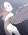  1girl angel_wings ass back bad_anatomy braid breasts completely_nude cowboy_shot crown_braid feathered_wings french_braid from_behind garasuno gradient gradient_background grey_background highres kishin_sagume looking_back medium_breasts nude profile short_hair sideboob simple_background single_wing solo touhou white_hair white_wings wings 