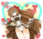  1girl :o absurdres android blush brown_hair commentary_request daitachan dress gloves green_eyes hair_between_eyes hat heart heart_background highres iris_(mega_man) long_hair looking_at_viewer low-tied_long_hair maid mega_man_(series) mega_man_x_(series) panties ribbon solo standing underwear valentine very_long_hair white_gloves white_headwear white_panties 