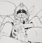  1girl autobot blank_speech_bubble greyscale hat headset highres in_palm jacket lineart makishima_(maxtfex) mecha monochrome omega_prime one_eye_closed open_mouth portrait smile speech_bubble squatting super_robot t-ai_(transformers) thighhighs transformers transformers_car_robots 
